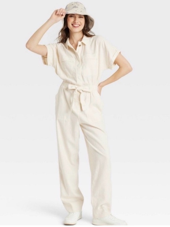 NWT Universal Thread Linen Jumpsuit Wide Leg Cargo Pockets Belted Cream White 0 - Picture 4 of 9